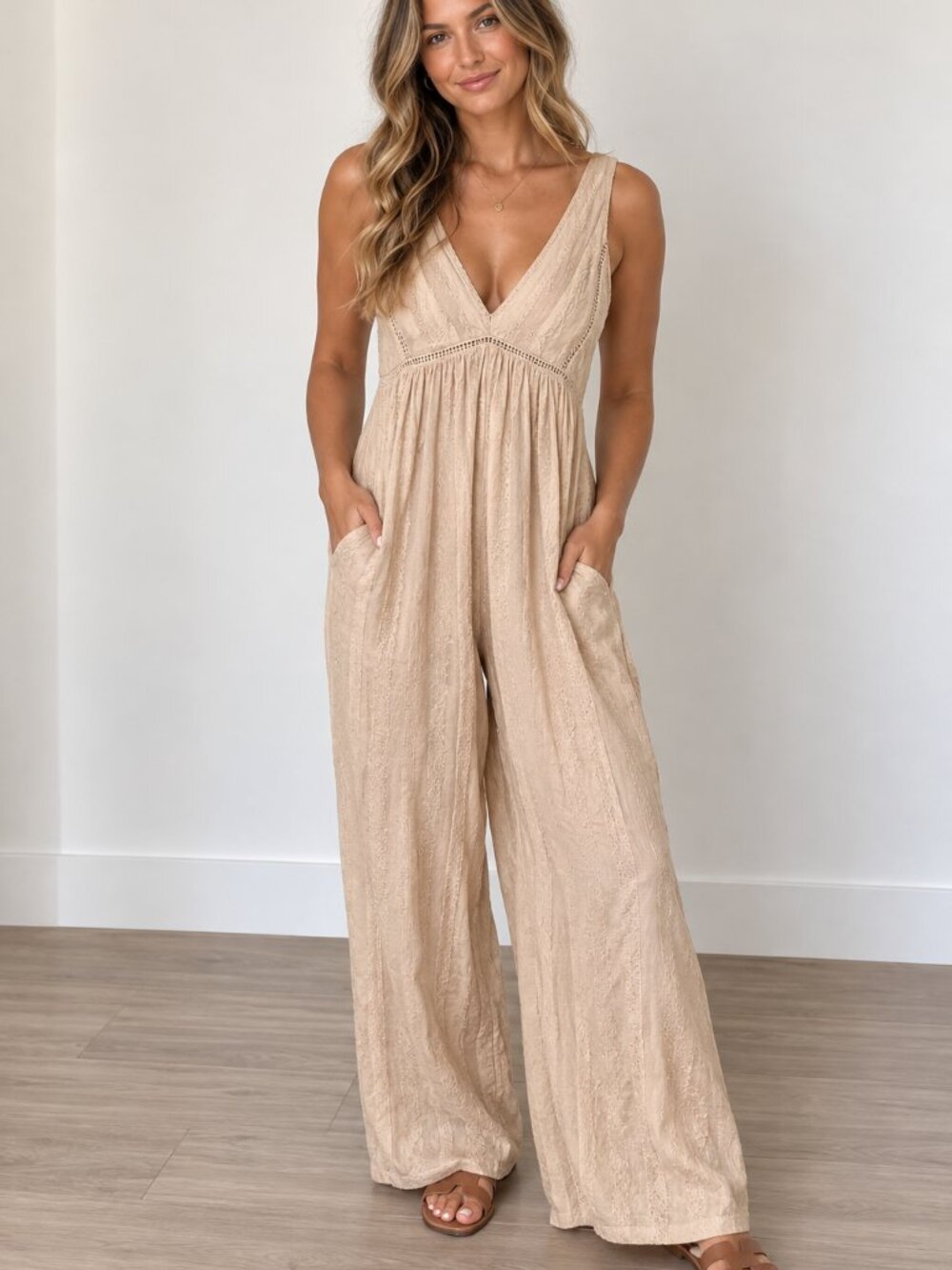 Sleeveless Cream Lace-Trim Wide-Leg Jumpsuit